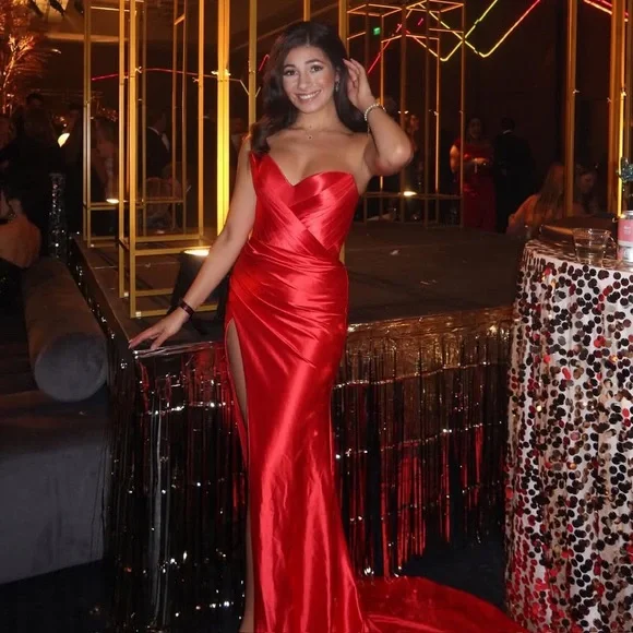 Albina Dyla Strapless Red Satin Evening Gown with High Slit